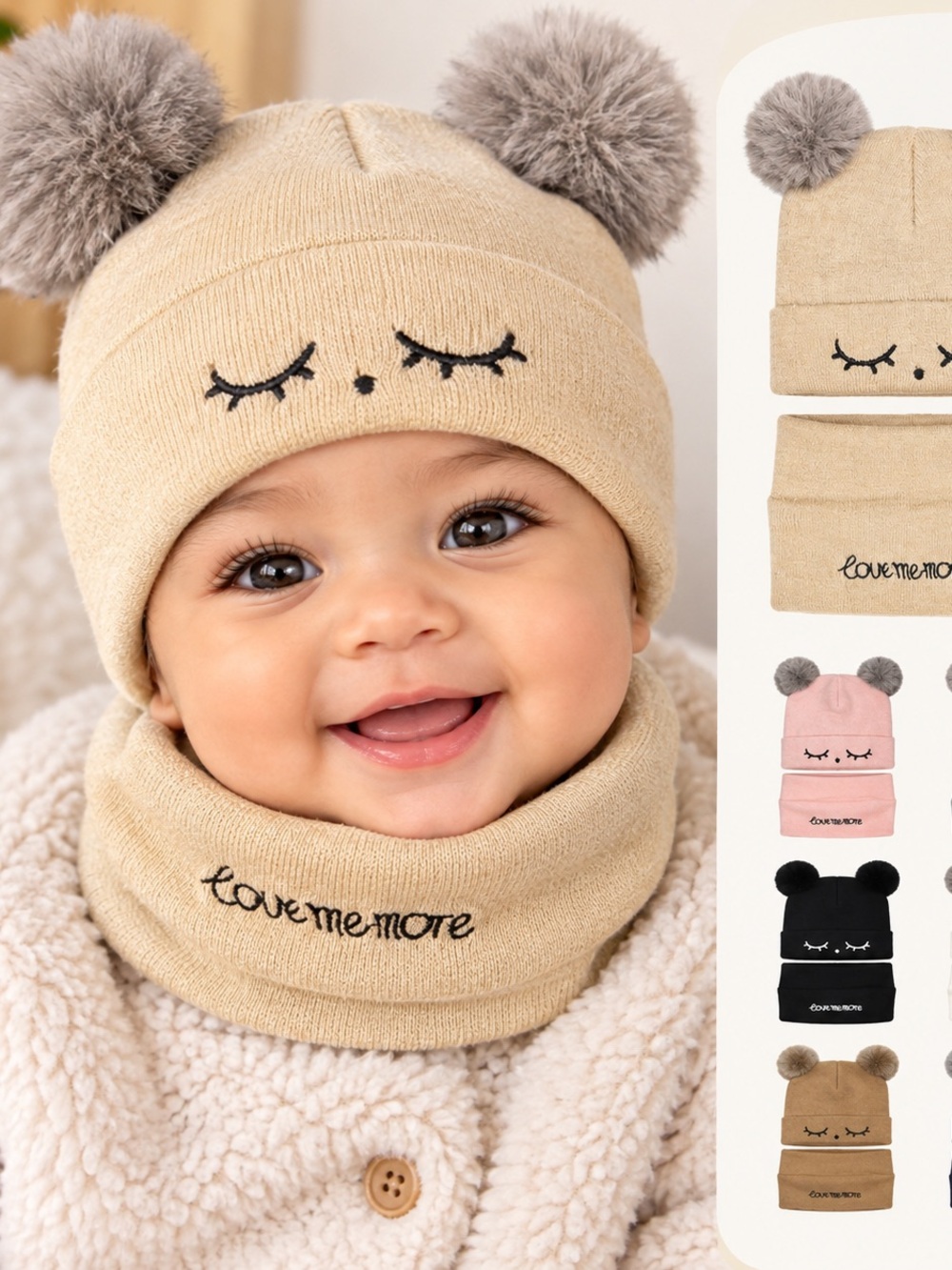 Cozy Beige Pom-Pom Baby Hat & Neck Warmer Set - Love Me More